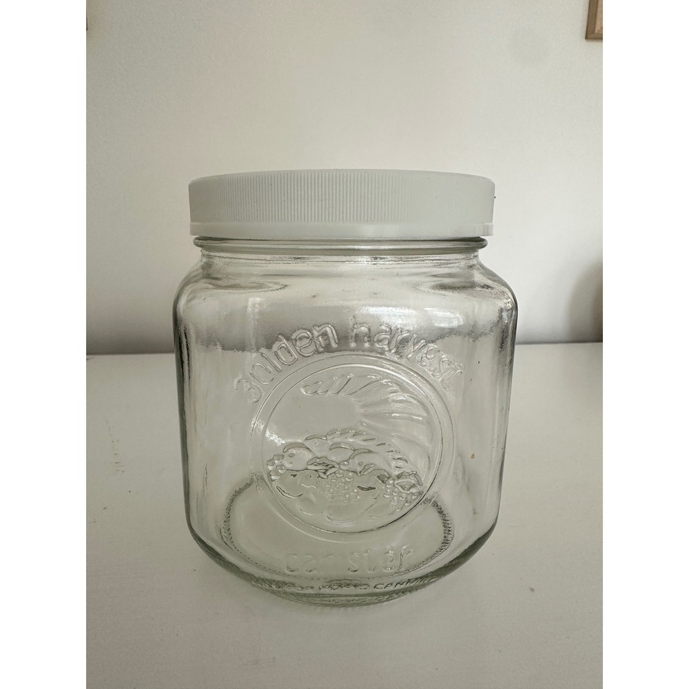 Golden Harvest Glass Canister Jar with White Lid Embossed Fruit Design 5.5 Inch